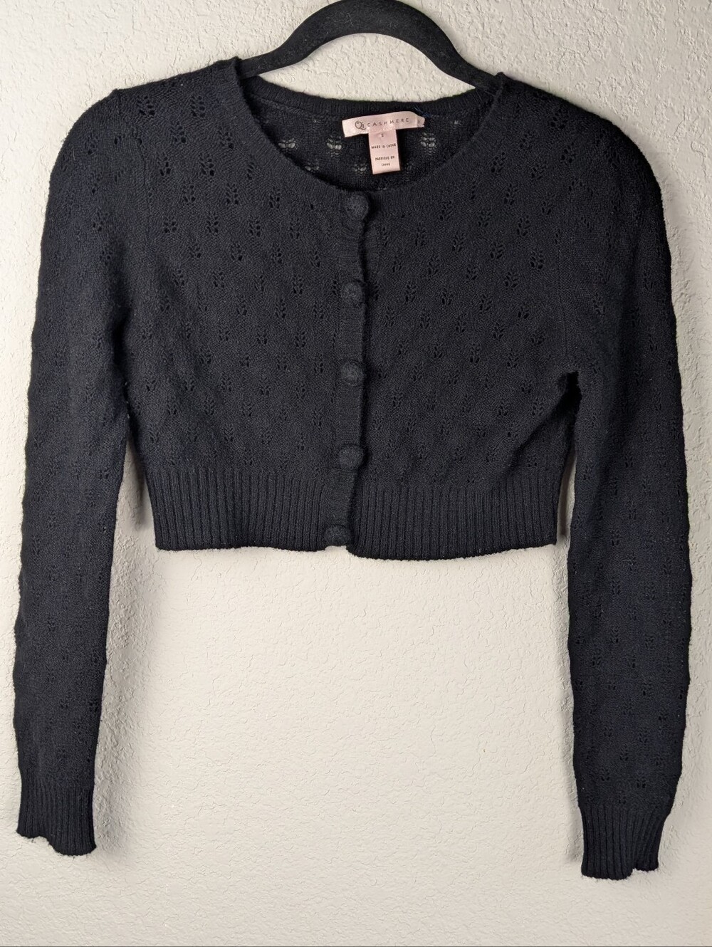 Qi Cashmere Cropped Pointelle Knit Cardigan S Black Yarn Covered Buttons Soft